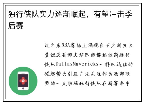 独行侠队实力逐渐崛起，有望冲击季后赛