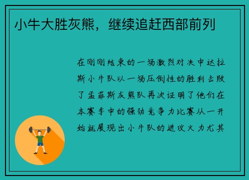 小牛大胜灰熊，继续追赶西部前列