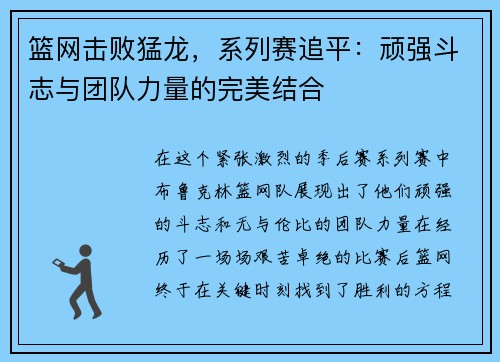 篮网击败猛龙，系列赛追平：顽强斗志与团队力量的完美结合