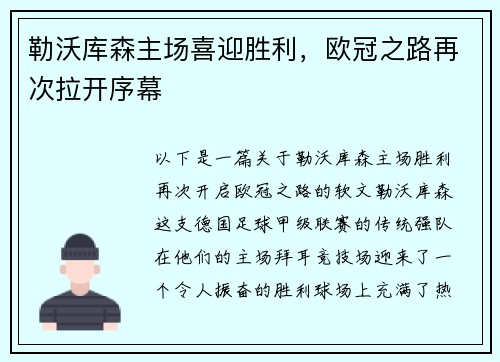 勒沃库森主场喜迎胜利，欧冠之路再次拉开序幕