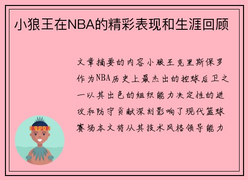 小狼王在NBA的精彩表现和生涯回顾